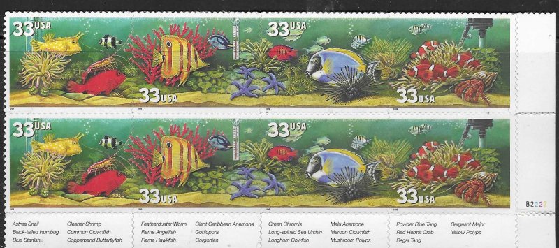 US# 3317-20b $.33 - Aquarium Fish,block of 8 (MNH) CV  $5.20