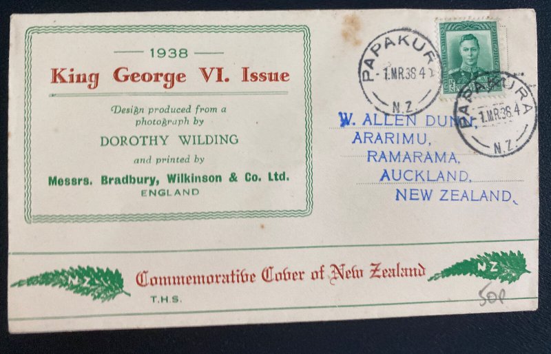 1938 Papakur New Zealand First Day Cover FDC To Aukland King George VI Issue