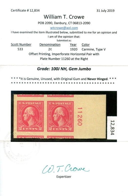 US SCOTT #533 PAIR W/ PL# MINT-GEM-JUMBO-OG-NH GRADED 100J W/ CROWE