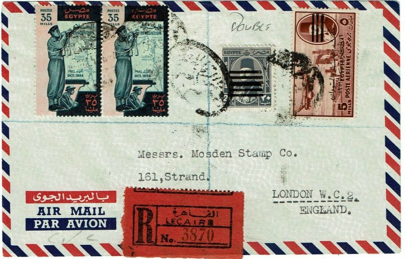 Egypt 1954 Cairo mute cancel on cover to England, 20 mil double overprint