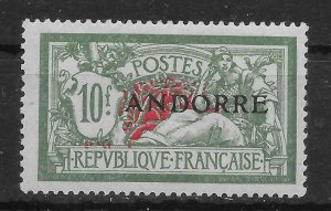 ANDORRA (FRENCH) SGF22 1931 10f SAGE-GREEN & RED MTD MINT