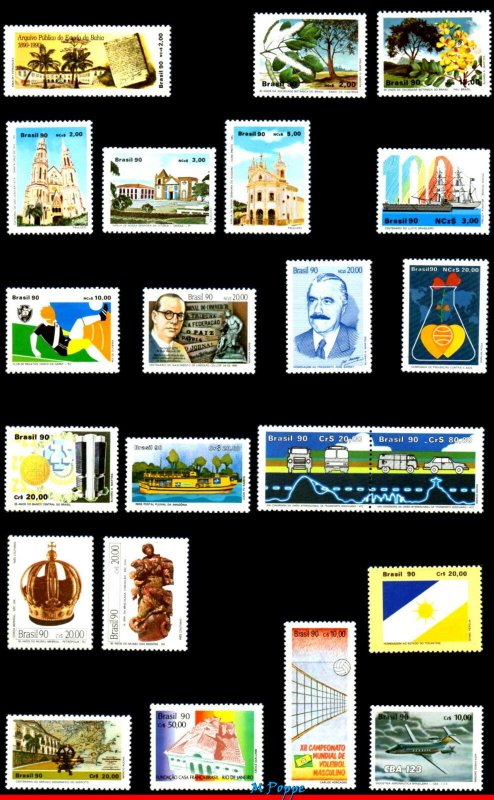 BRAZIL 1990 ALL STAMPS ISSUED, FULL YEAR, SCOTT VALUE $ 37.80, 54V, ALL MNH