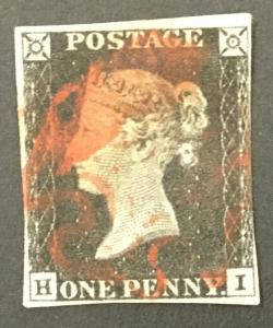 GREAT BRITAIN, #1, 1840, Penny Black, 3+ margins, used H-I