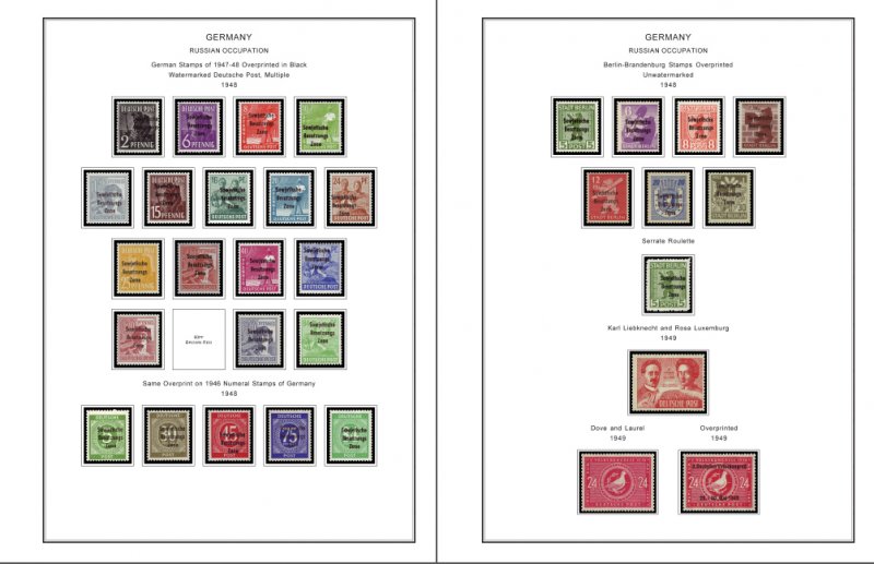 OCCUPIED GERMANY STAMP ALBUM PAGES 1945-1949 (50 color illustrated pages)