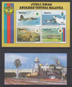 Malaysia Sc 265a, 304 MNH. 1983 Armed Forces & 1985 Railways Souvenir Sheets