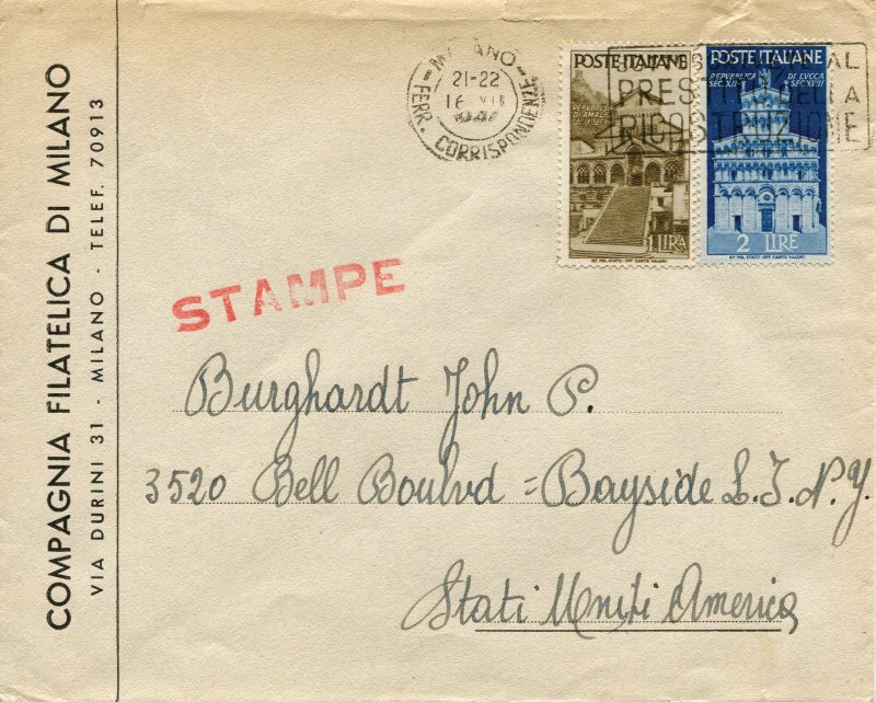 Medieval - USA envelope (prints) 16.7.47 postageed with 1 + 2 lire