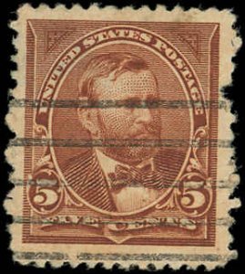 US Scott 255 VF/USED - 1894 5¢ Grant - Pulled perf on R side and a thin