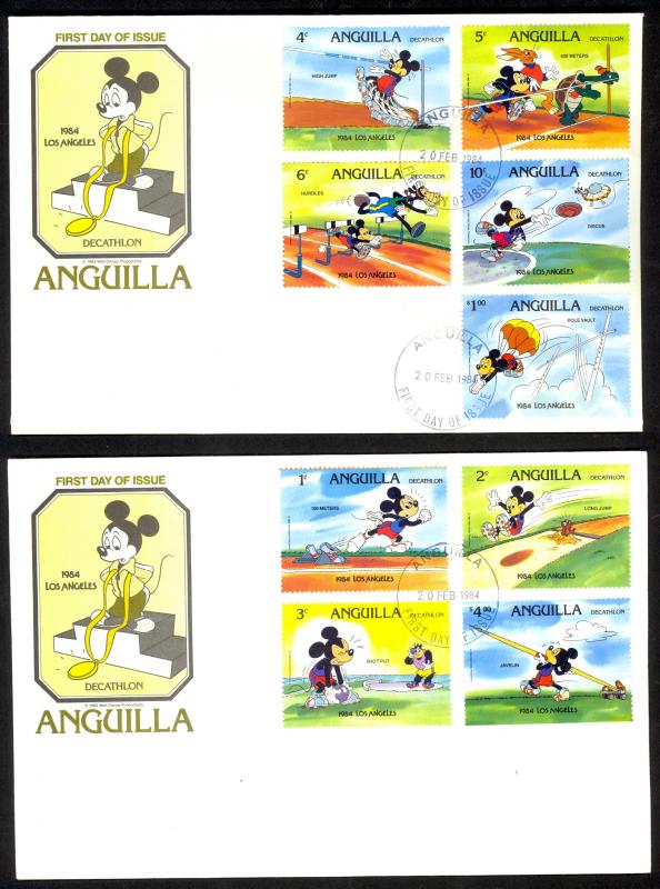 ANGUILLA 1984 DISNEY LOS ANGELES OLYMPICS Set on 2 Cachet FDCs Sc 559-567