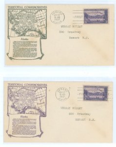 US 800 1937 3c Alaska (part of the US Possessions series) singles on two addressed first day covers with Anderson cachets with c