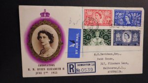 1953 Queen Elizabeth II Coronation Homerton England Cover to Melbourne Australia