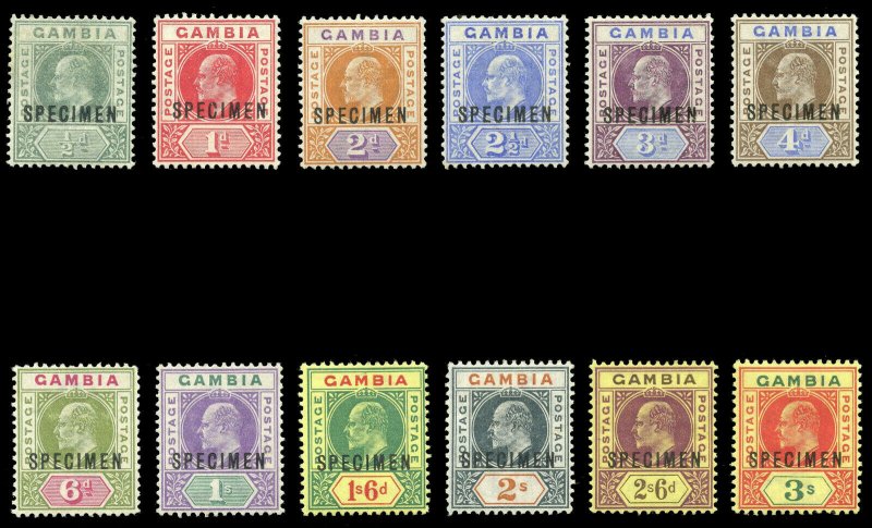 Gambia 1902 KEVII complete set overprinted SPECIMEN very fine mint SG 45s-56s.
