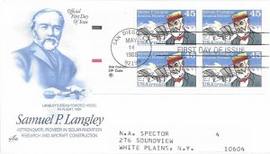 1988 Air Mail FDC, #C118, 45c Samuel P. Langley, Art Craft, block of 4