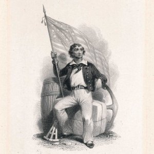 Vignette of sailor holding flag, Die proof on india, sunk on card, circa 1850