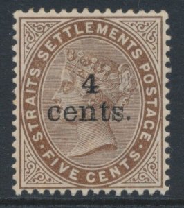 Straits Settlements 1898 SG 106 FOUR CENTS on 5c Brown MH WMK CROWN CA