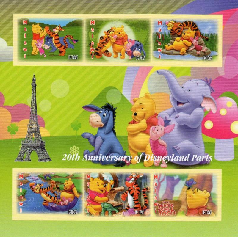 Winnie The Pooh 20th.Ann.Disneyland Paris Shlt(6) IMPERF. MALAWI 2012