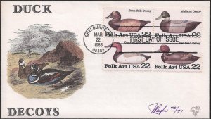 Julian Pugh Hand Painted FDC for the 1985 Duck Decoys issue (Block of 4)