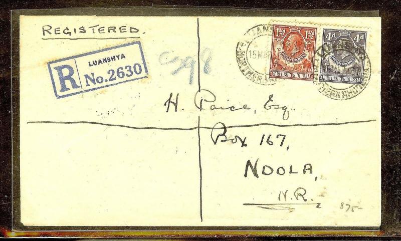 NORTHERN RHODESIA (P1210B) KGV 1 1/2D+4D REG FROM LUANSHYA TO NDOLA