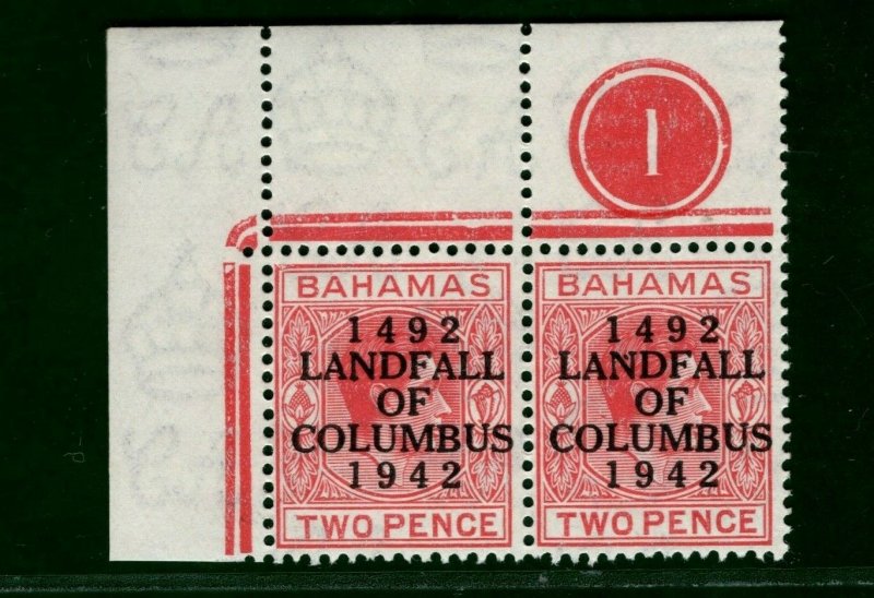 BAHAMAS KGVI Stamp SG.165 2d *COLUMBUS* Superb PLATE No. Corner Pair UM LBLUE131