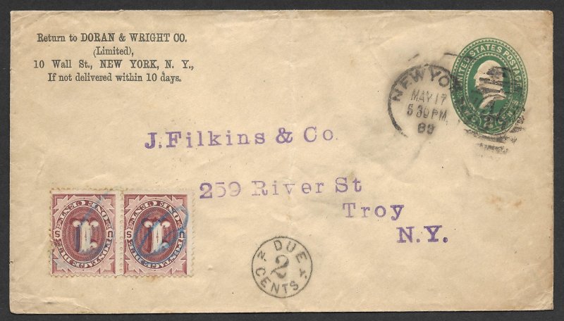 Doyle's_Stamps: NYC to Troy, NY, Postage Due Cover, 1889