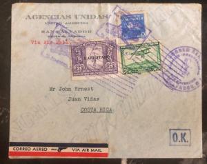 1935 San Salvador Salvador Airmail Cover To Juan Vinas Costa Rica