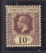 Straits Settlements-Sc#191- id13-unused og LH 10c KGV-1927-