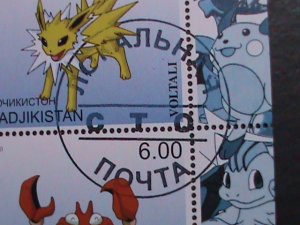 ​TAJIKISTAN -2000 LOVELY FAMOUS POKEMON FANCY POSTAL CANCEL CTO SHEET VF