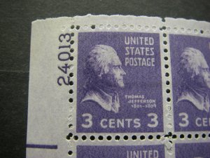 Scott 807, 3c Thomas Jefferson, PB4 #24013 x4, Matched Set, MNH Prexie Beauties