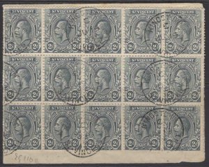 ST.VINCENT SG110 1913 2d GREY FINE USED BLOCK OF 15 ON PIECE