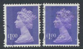 Great Britain SG Y1743 SC# MH279 Machin £1 Used x2  Bluish Violet see phosph...