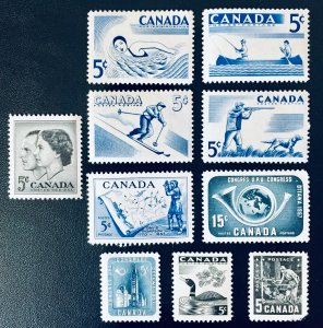 Canada #365-374 Set of 1957 Canadian commemoratives. Ten stamps.  Mostly MNH