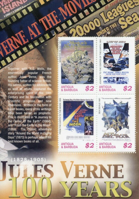 Antigua & Barbuda Jules Verne Stamps 2005 MNH Film Movie Posters Writers 4v M/S