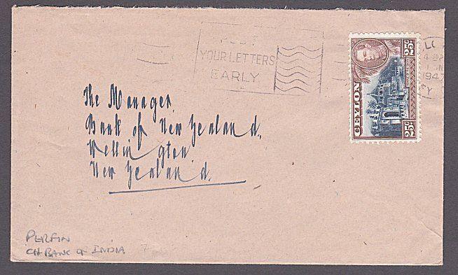 CEYLON 1947 cover to New Zealand, GVI 25c PERFIN Chartered Bank of India...87395