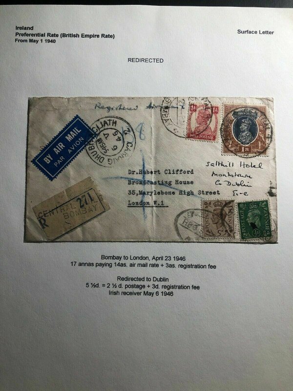 1946 Bombay India Airmail Cover To London England Redirected To Dublin Ireland