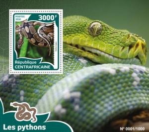 CENTRAFRICAINE 2016 SHEET PYTHONS SNAKES REPTILES