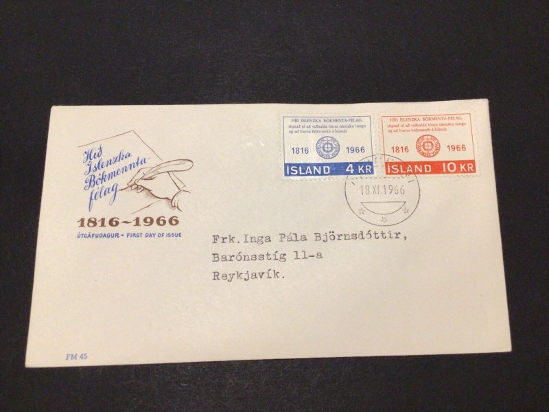 Iceland 1966 Icelandic Literary Society  first day issue postal cover Ref 60321