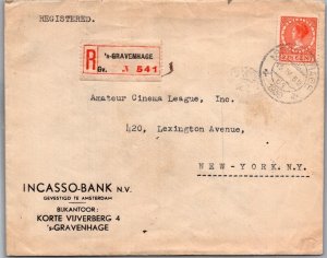 SCHALLSTAMPS NEDERLAND 1939 POSTAL REG SEALED COVER ADDR USA CANC GRAVENHAGE