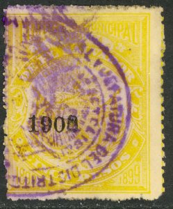 EL SALVADOR 1908 5peso ARMS Municipal Revenue Ross M141 VFU