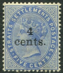 STRAITS SETTLEMENTS-1898 4c on 5c Blue Sg 107 light gum toning LMM V50180