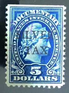 US Scott #RG17 - $5 Dark Blue - Silver Tax Stamps - Used - 1934