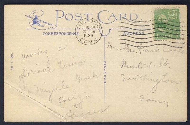 POSTAL HISTORY - US MILFORD CONN 1939 to SOUTHINGTON CONN  POSTCARD