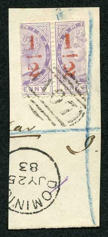 Dominica SG11 1/2 (d) in Red on half a 1d Fine used PAIR on Dated Piece