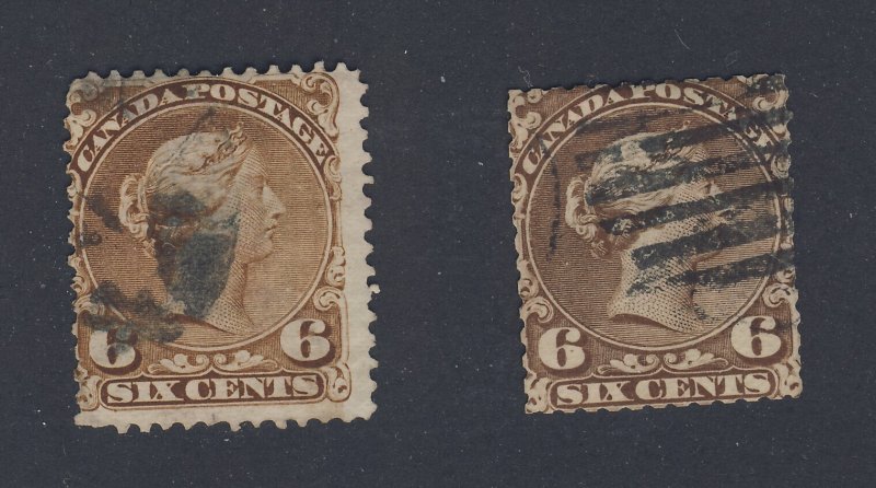 2x Canada  Large Queen Used Stamps #27-6c Fine #27a-6c VG Guide Value = $90.00