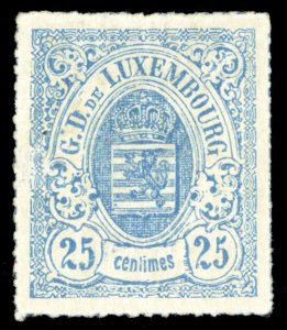 Luxembourg #22 Cat$1,100 (for without gum), 1865 25c blue, unused without gum...