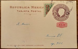 Mexico Stationary cover 1916 Postal Card 1c, 10c overprint and cut half 2c stamp