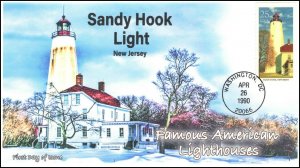 AO-2474-3,1990, Famous American Lighthouses, FDC, Add-on Cachet, Sandy Hook Ligh