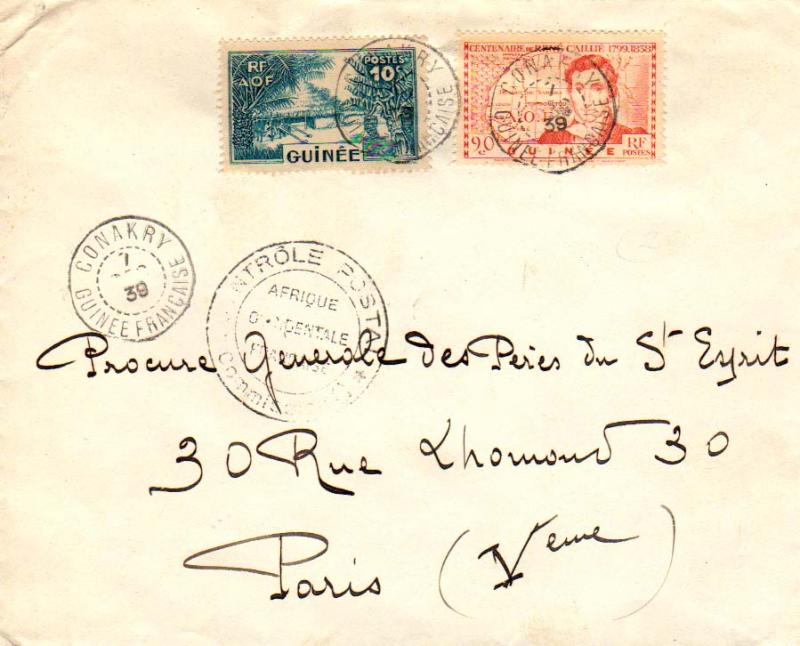 French Guinea 10c Guinea Village and 90c Caillie 1939 Conakry, Guinee Francai...