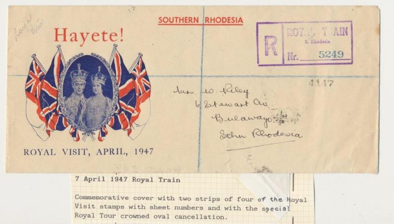 SOUTHERN RHODESIA 1947 ROYAL TRAIN RED COVER ROYAL TOUR H/S, 2 PL BL(SEE BELOW