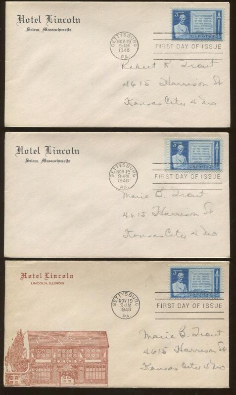 Lot of 9 The Lincoln Hotel 1948 Gettysburg First Day of Issue Covers