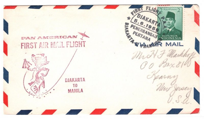 INDONESIA Air Mail 1959 Cover *PAN-AM* FIRST FLIGHT PHILIPPINES Manila MA1074