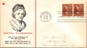 FDC 1938 SC #805 Linprint Cachet - Washington DC - Pair - J5402